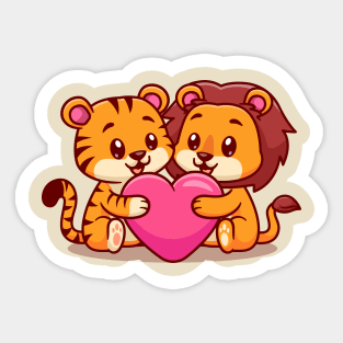 Cute Tiger And Lion Hug Love Heart Cartoon Sticker